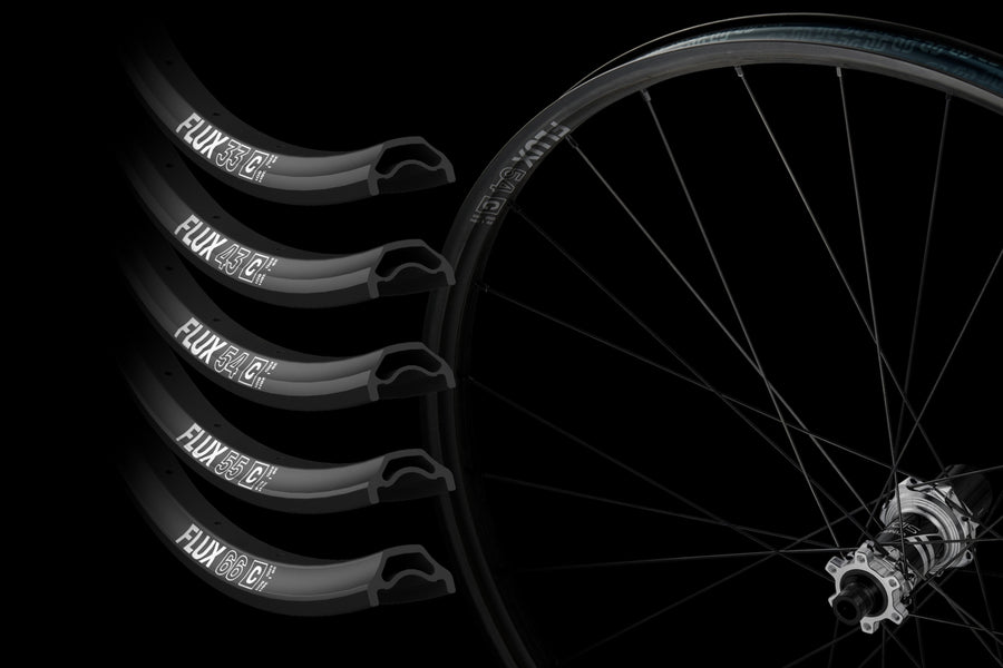 The five Flux rim profiles, 33, 43, 54, 55 and 66, shown in section beside a built Flux 54 wheel on black.