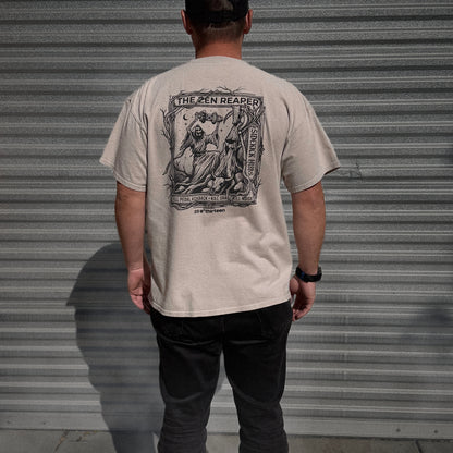 Back of the Zen Reaper T-shirt in Sand: a reaper holding a Sidekick hub, with the banner kill pedal kickback, kill drag, kill noise