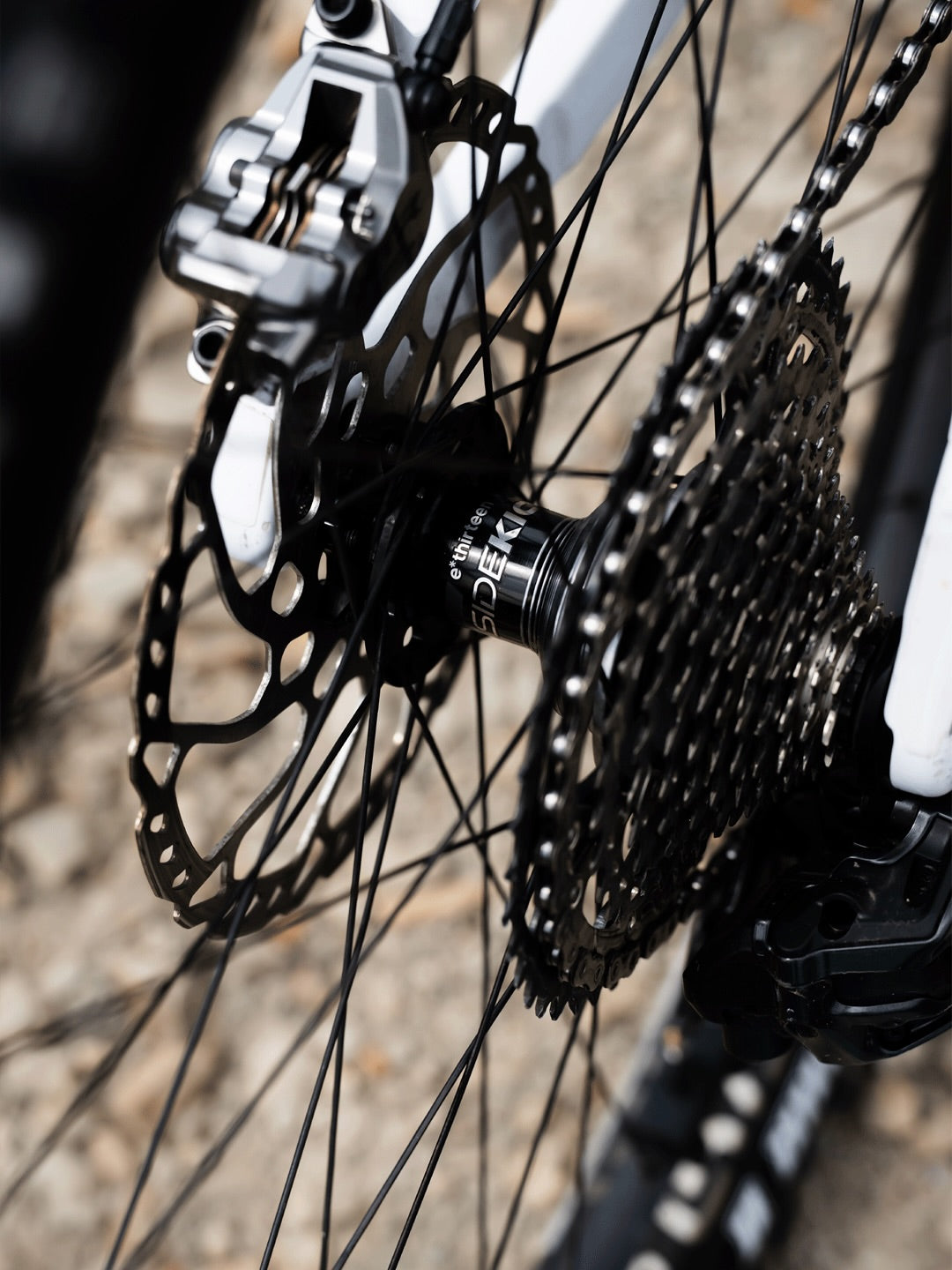 Close up of the e*thirteen Sidekick rear hub, cassette and brake rotor on Alex Rudeau's Meta SX Power 800