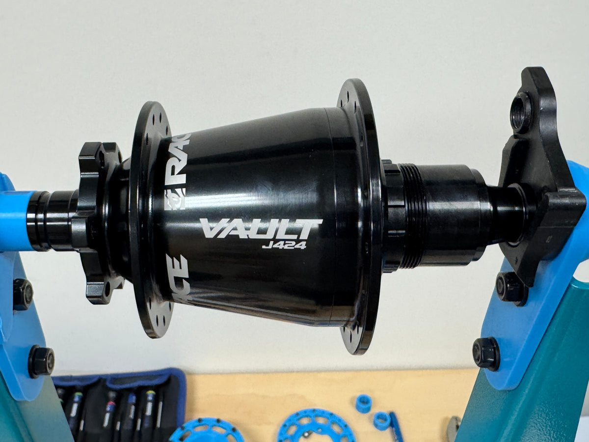 A RaceFace Vault hub mounted on the stand for the spin-down test.