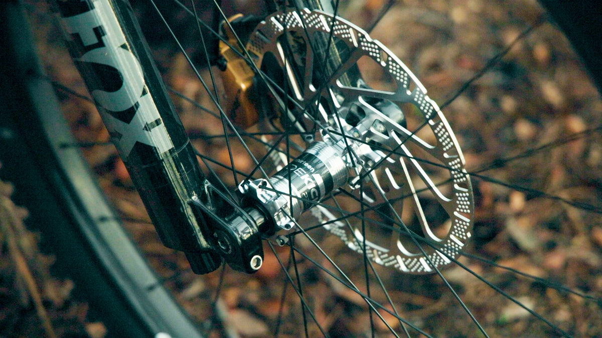 Sidekick hub and brake rotor on a Flux wheel, seen from the non-drive side on the trail.