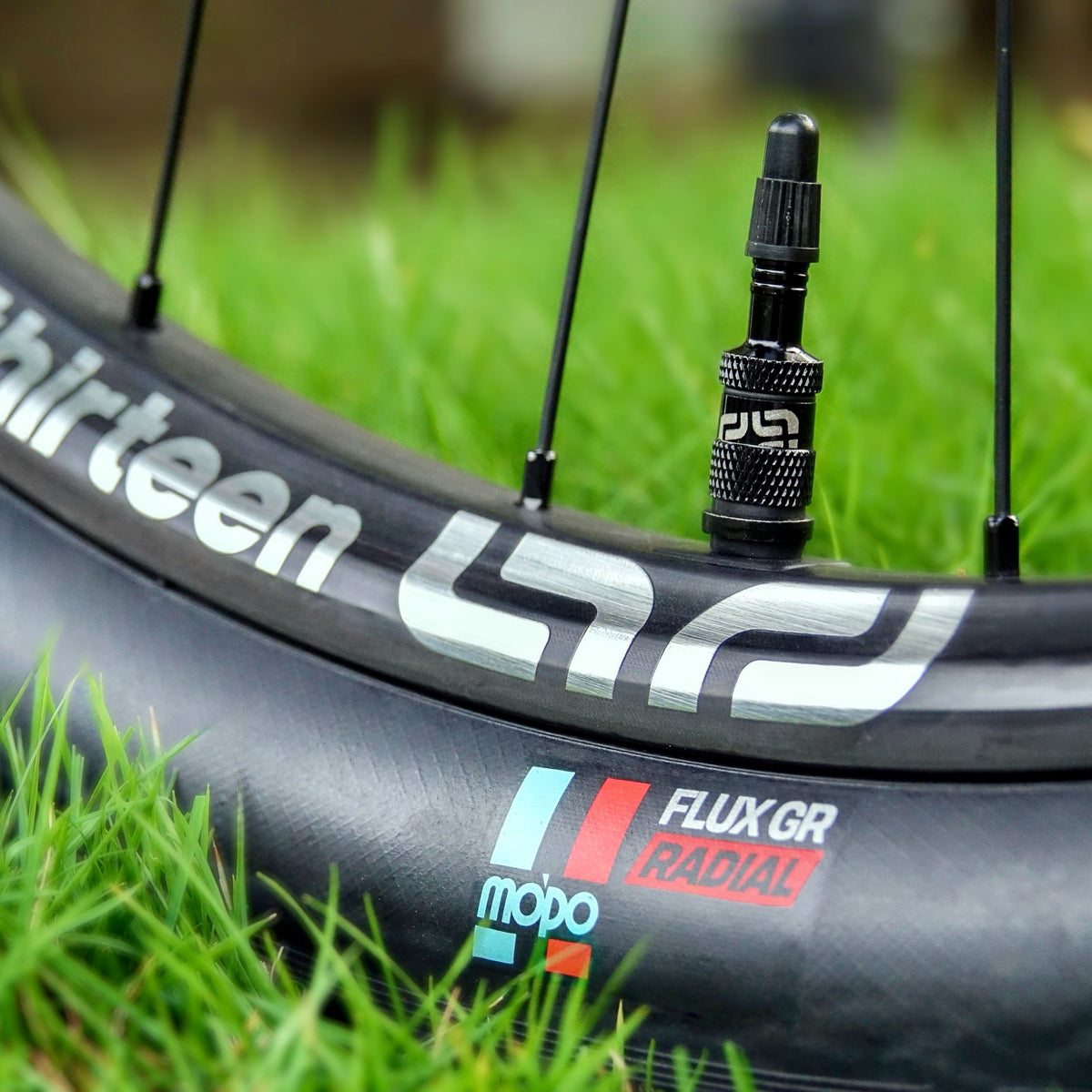 A Grappler RS Radial sidewall and valve against green grass, the Flux GR Radial and MoPo markings visible.