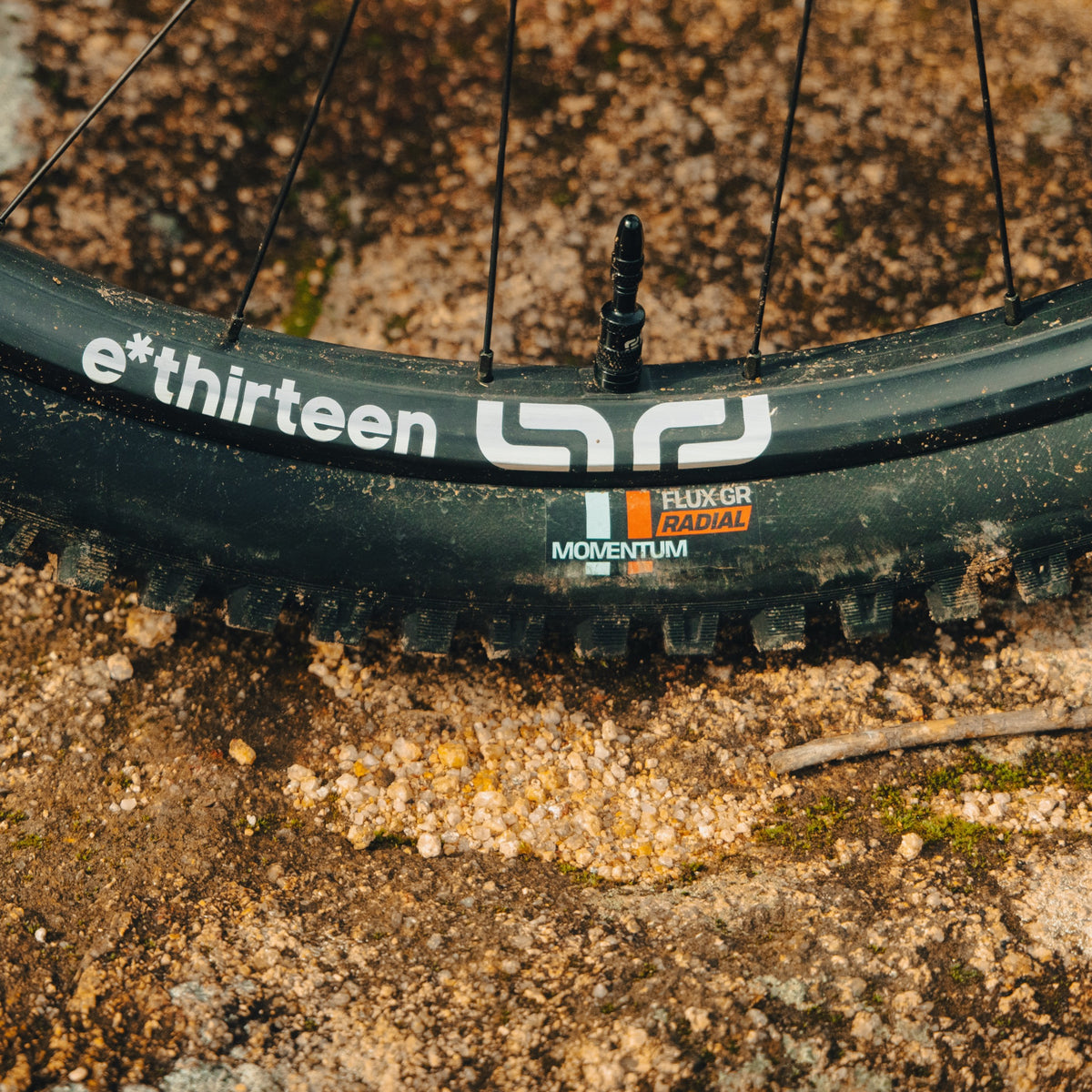 The sidewall of a Grappler RS Radial in Momentum, resting on loose gravel.