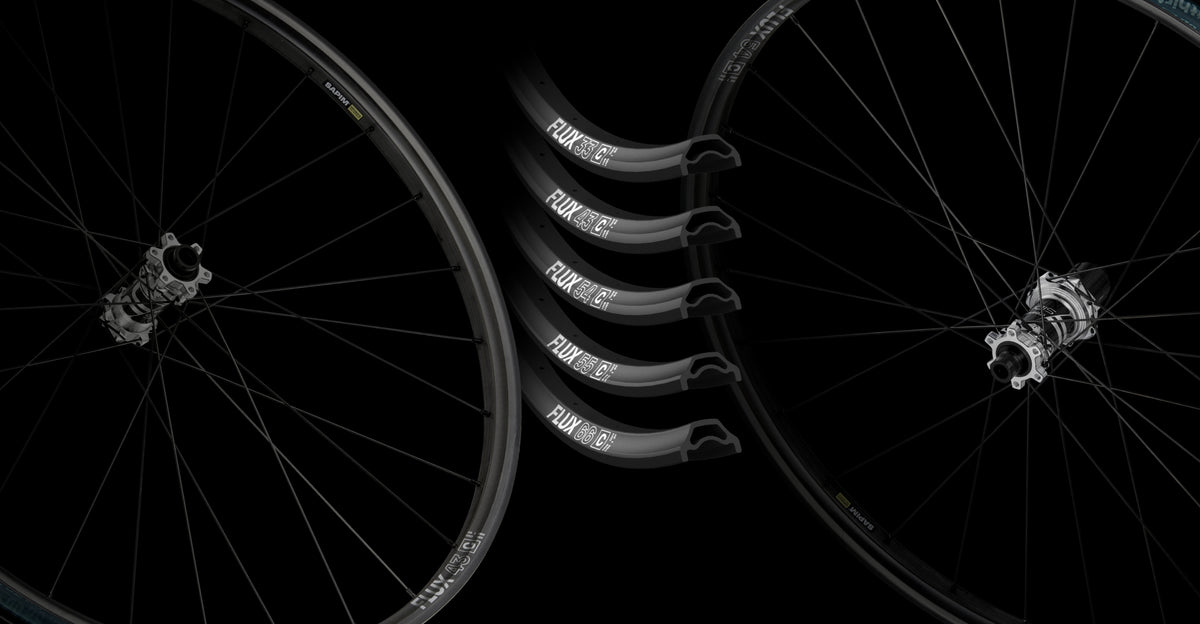 Sidekick Flux wheels with the five Flux rim profiles laid out between them