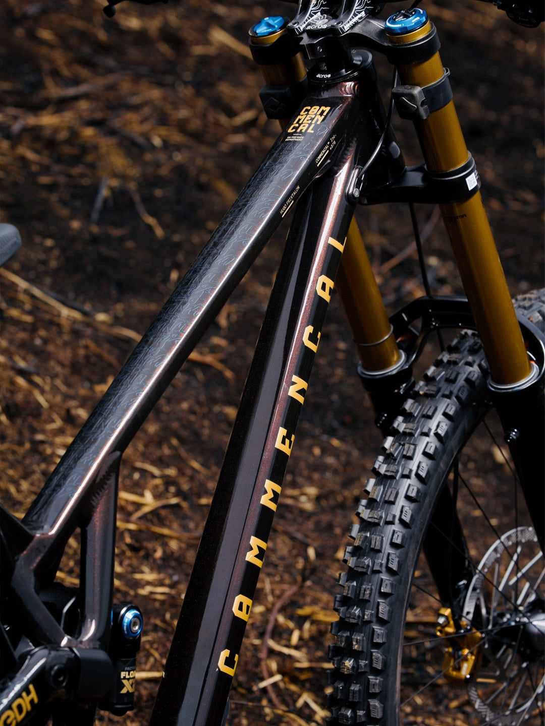The Fox 40 fork crowns and Commencal head tube on Hugo Frixtalon's Supreme DH