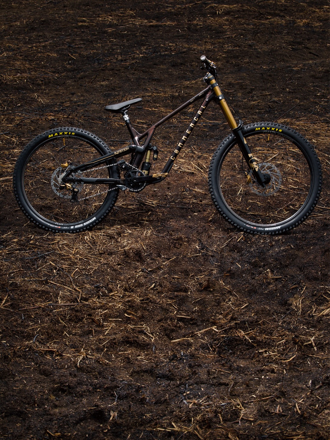 Hugo Frixtalon's custom Commencal Supreme DH from the non drive side on dark ground