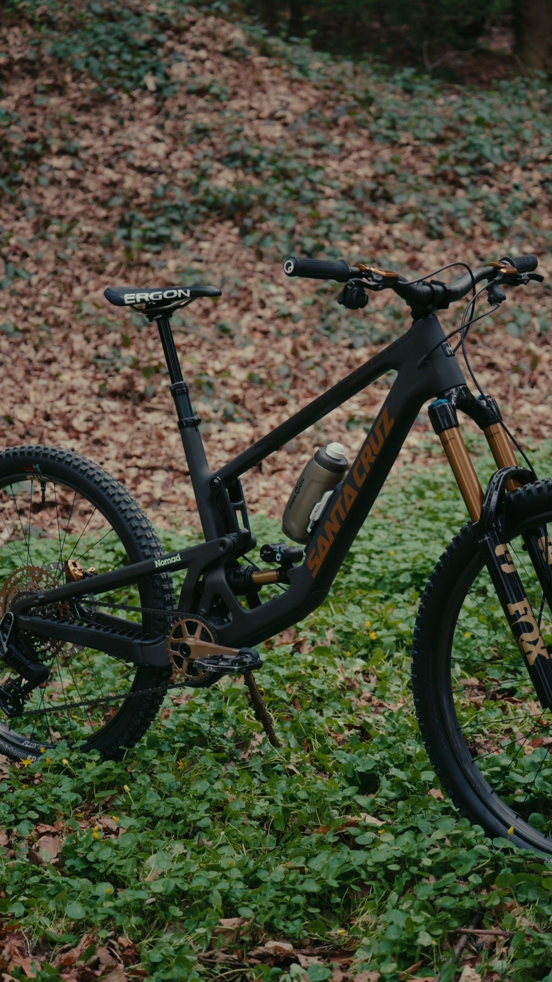Jasper Jauche's Santa Cruz Nomad standing in a forest clearing, black frame with bronze components