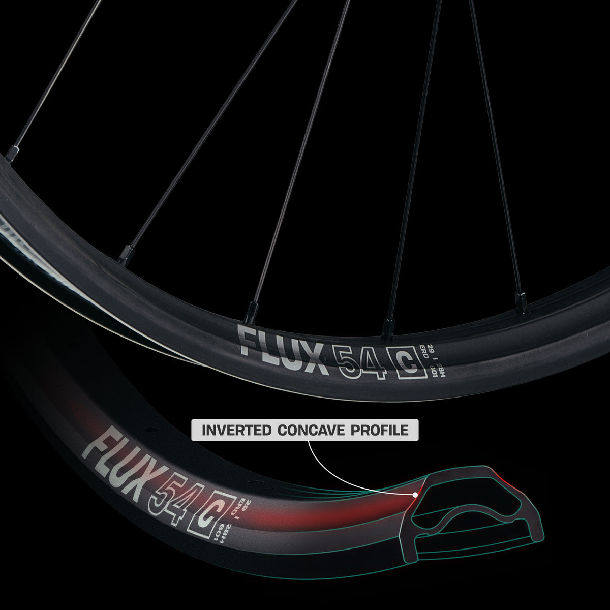 Cross section of a Flux 54 rim showing the inverted concave profile that lets the rim flex.