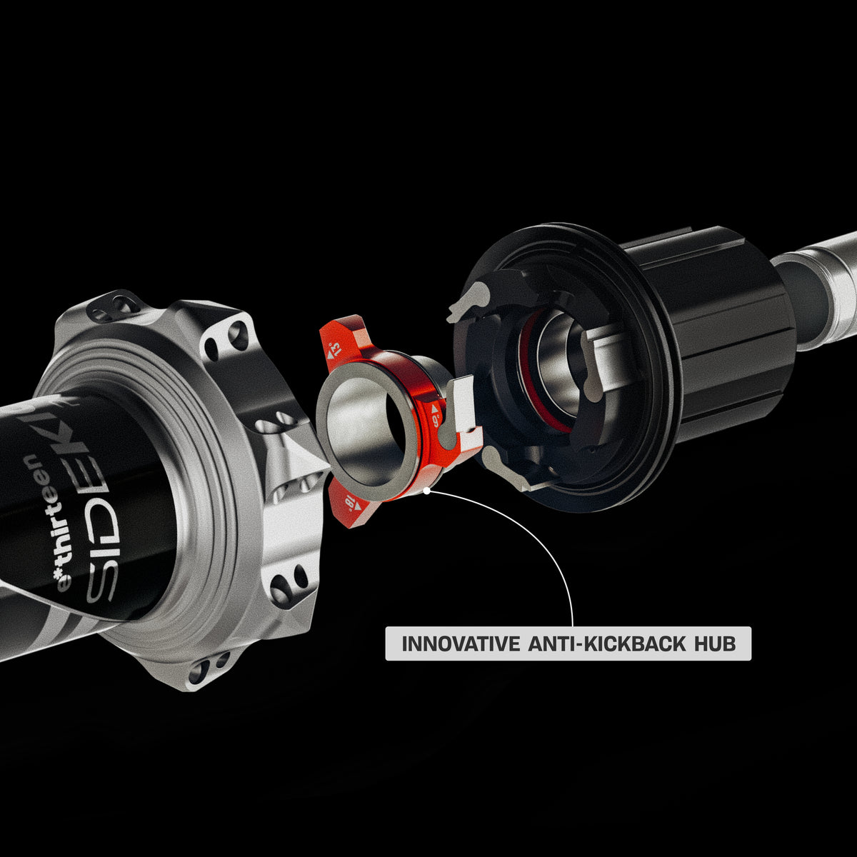 Exploded render of the Sidekick 2.0 anti-kickback hub, the pawl pusher ring in red.